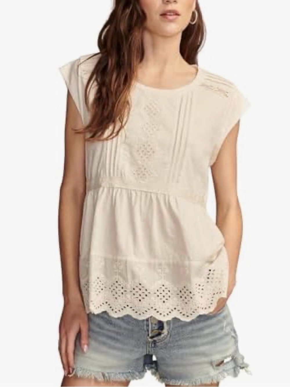 Off White Baby Doll Eyelet Pintuck Empire Waist Peplum Top with scalloped Hem
